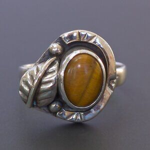 Vintage Mexico Sterling Tiger’s Eye Ring – Leaf & Bead Detail, Size 5.5